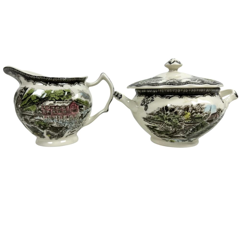 Johnson Bros Friendly Village England Vintage Creamer & Sugar Bowl w/Lid